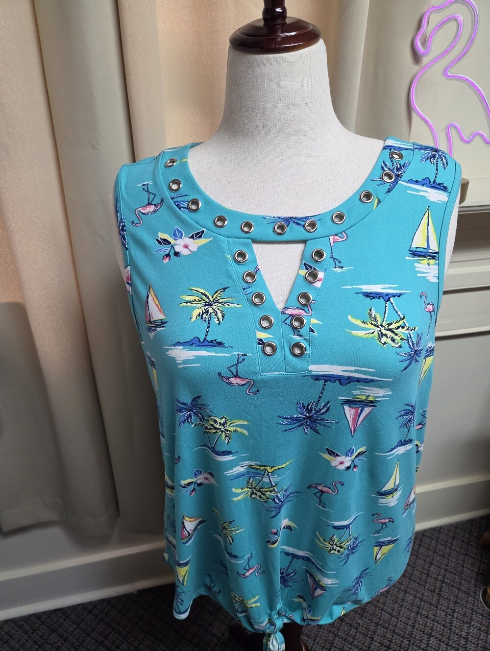 New York Laundry Turquoise Tropical Grommet Tie Tank Size XL